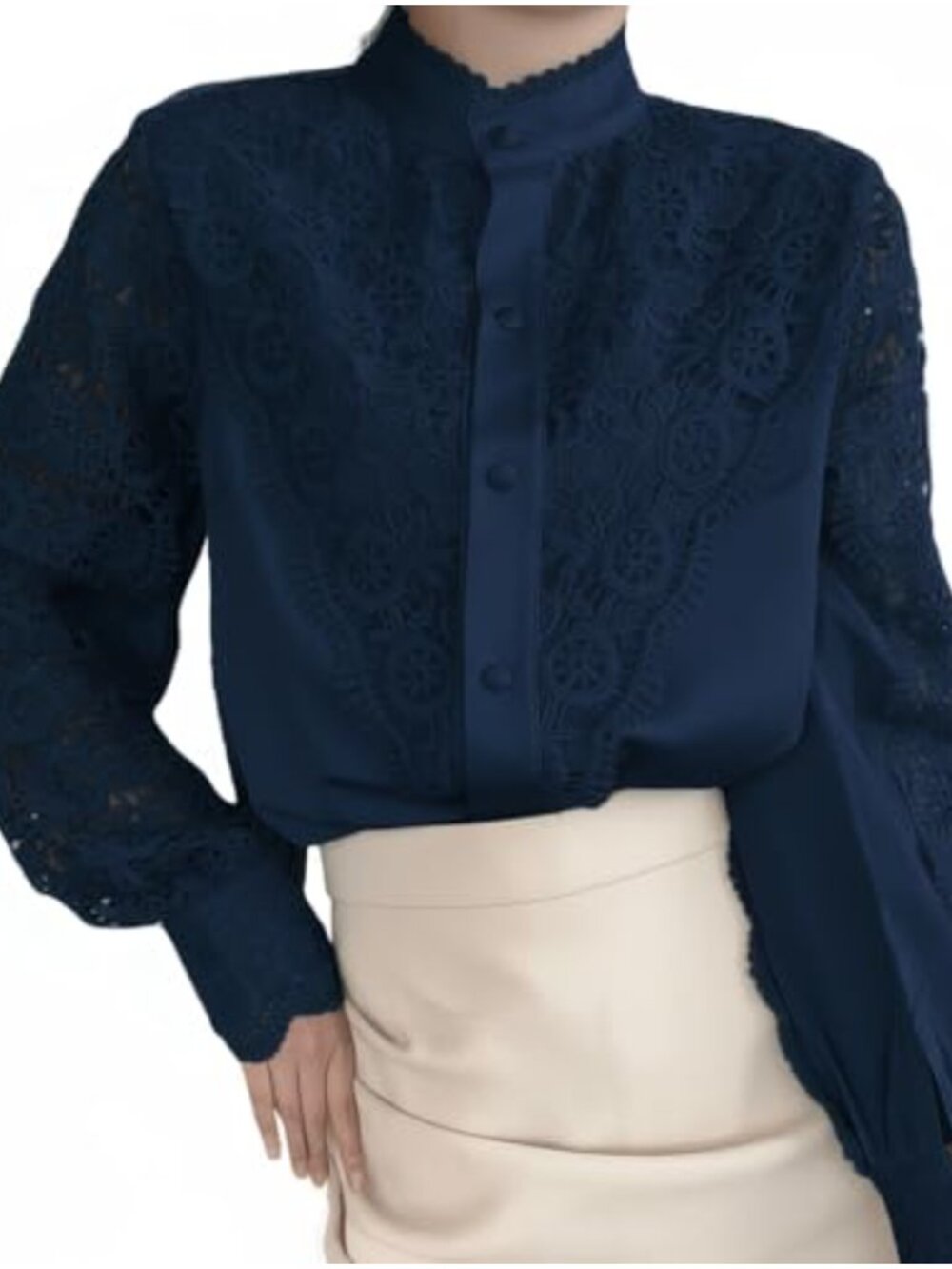 Lace Trim Mock Neck Puff Sleeve Button Down Blouse Women Business Casual